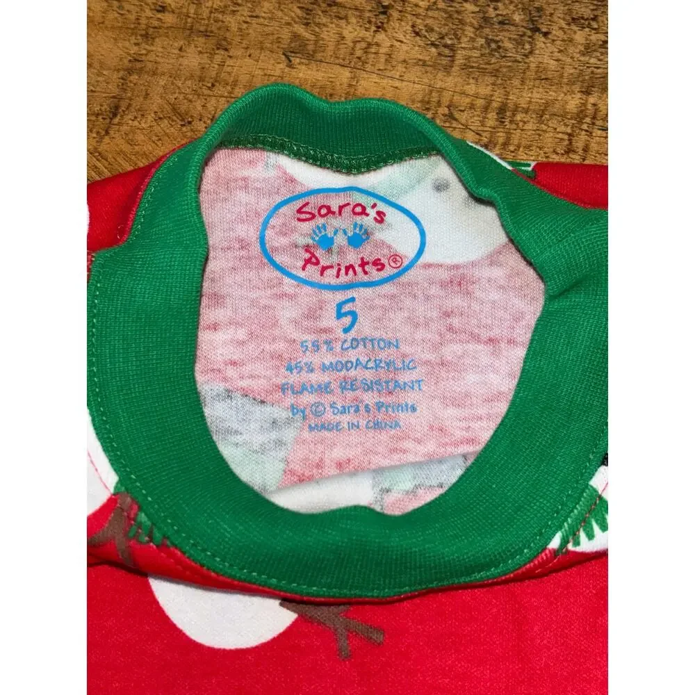 NEW Sara’s Prints Kids Red Green Snowman 2 Piece Pajama Set Flame Resistant 5‎